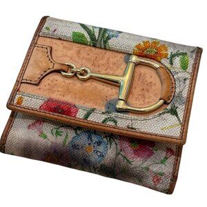 Gucci Made In Italy Floral Canvas & Leather Trifold Wallet Gold Horsebit Accent